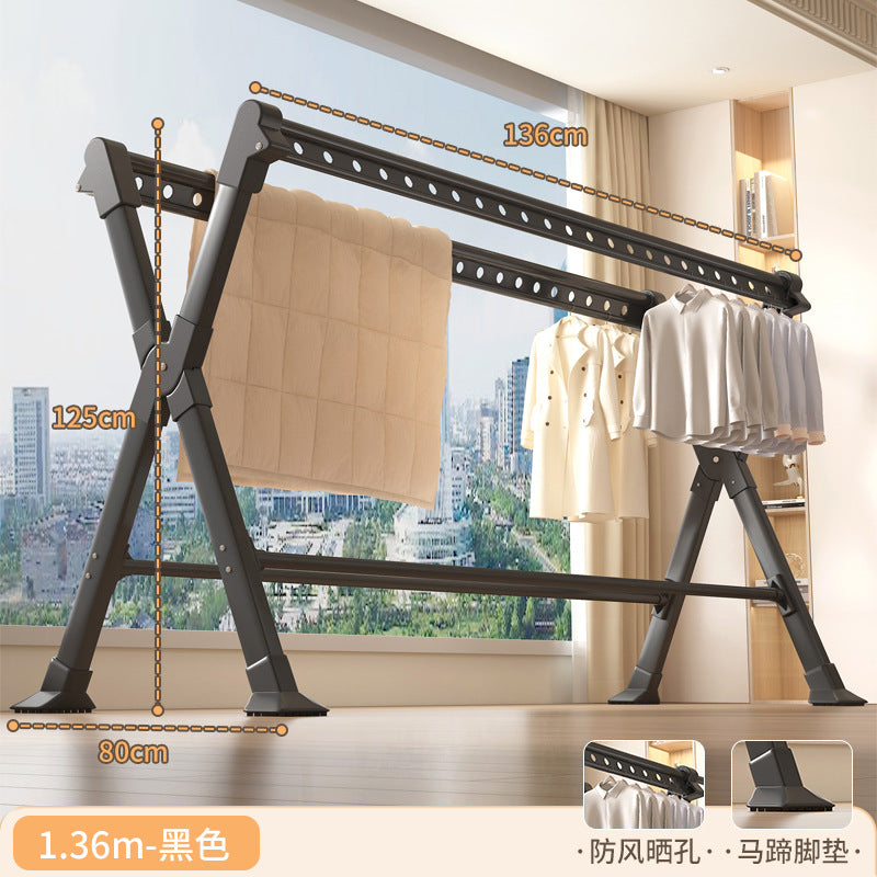 Foldable clothes drying rack - floor standing, indoor/outdoor use - aluminum alloy, extendable rod, perfect for balconies, bedrooms, and outdoor use - quilt drying solution