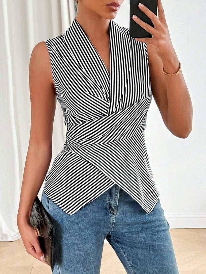 summer cross-border  women's striped sleeveless v-neck button-down shirt with back tie