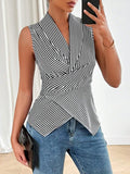 summer cross-border  women's striped sleeveless v-neck button-down shirt with back tie