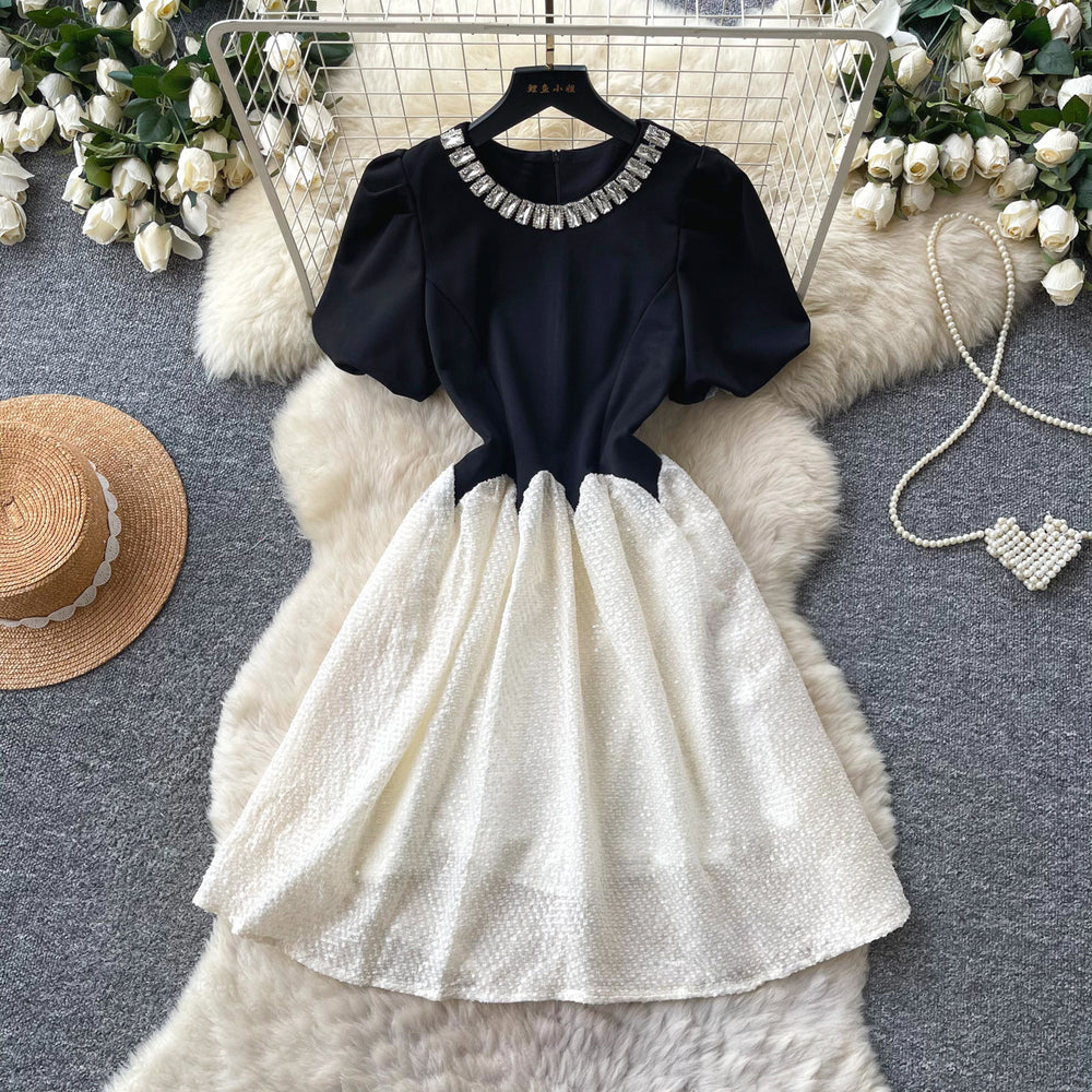 Ladies style black waist a-line dress women's summer playful short-sleeved diamond collar contrast colorslimming look age-reducing skirt