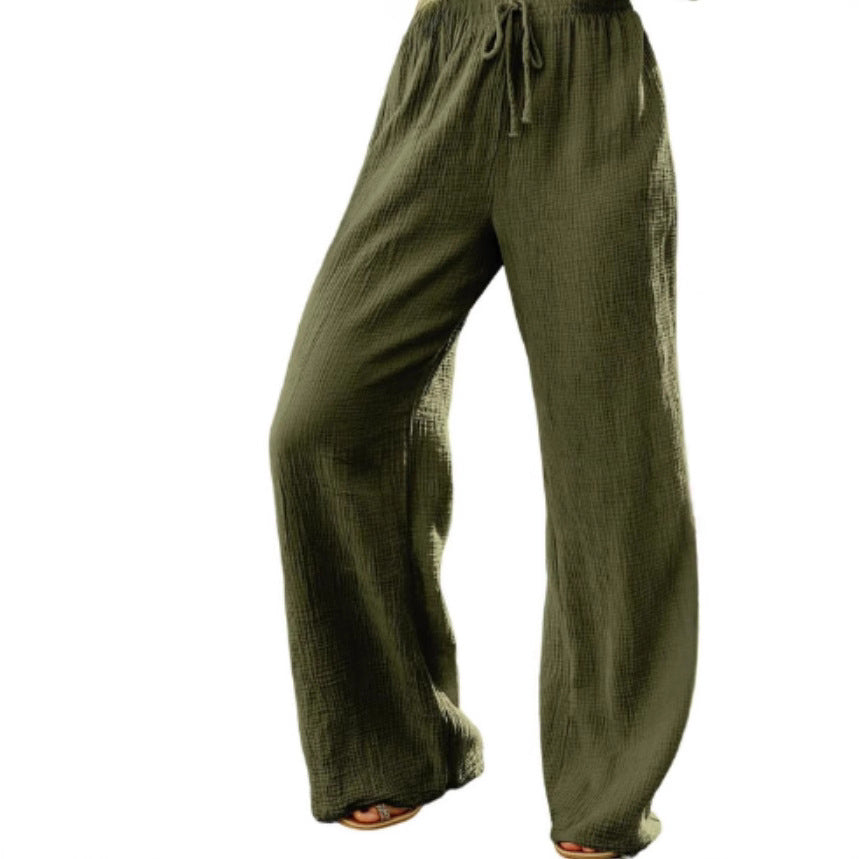 women's cross-border loose solid color drawstring casual pants - european and american style, versatile textured high-waisted wide leg trousers for work and leisure