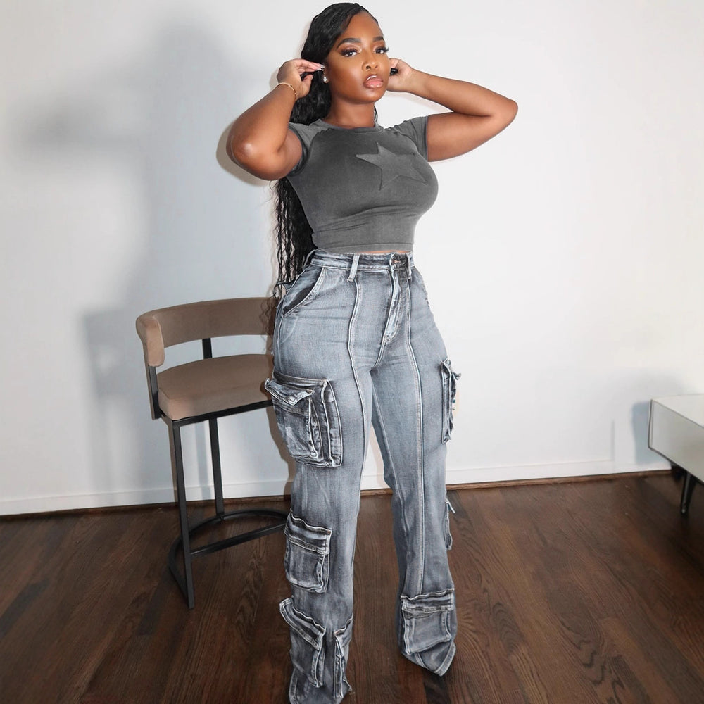 European and american style women's multi-pocket jeans -  cross-border autumn/winter fashion washed high-waisted straight-leg casual pants