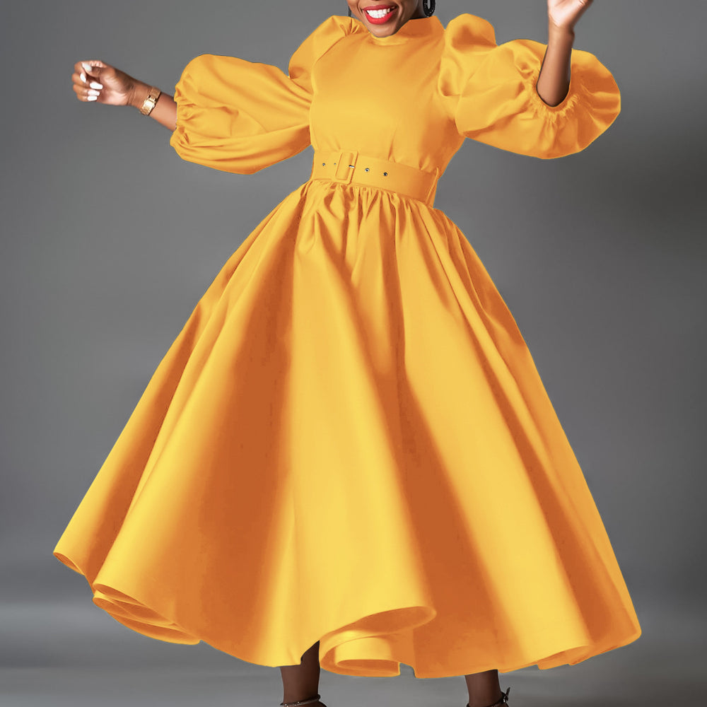 plus size women's clothing fashionlooseplus sizefashionpure color large skirt puff sleeve mid-length skirt african dress
