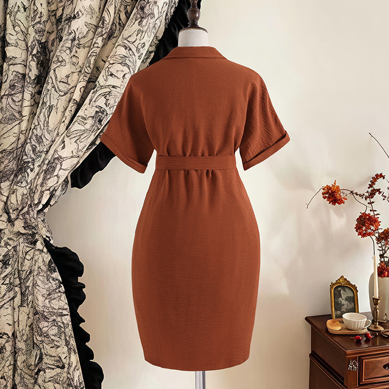 Exportgirldress spring and summer new arrival cross-border casual lapel single-breasted tie back waist short-sleeved shirt skirt