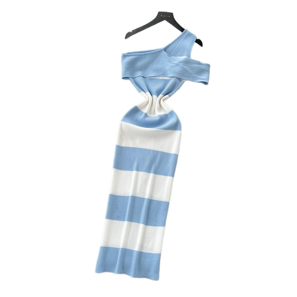Goddess-style sense of design, slanted shoulders, sleeveless, color-blocked stripesdress, women's pure lusty girl silmknitting long skirt