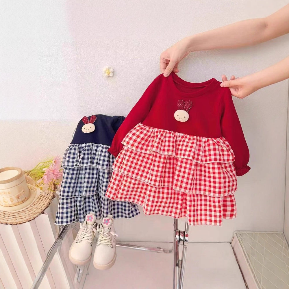 Girls' spring/autumn korean style dress - chic cherry plaid long sleeve dress for little girls, baby princess dress