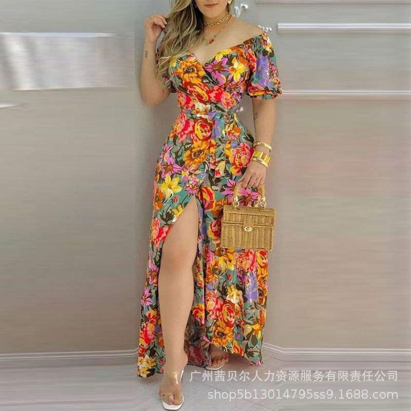 Spot  2022 European and American new floral print v-neck side open dress