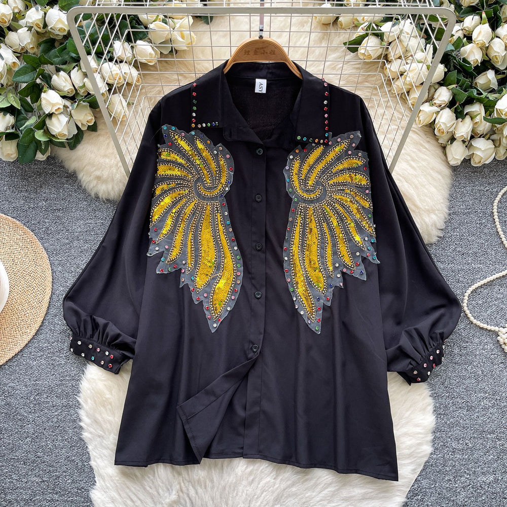 European and american style high-end lantern sleeve blouse - women's autumn heavy embellishment sequin & rhinestone loose fit design - executive lady top