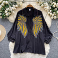 European and american style high-end lantern sleeve blouse - women's autumn heavy embellishment sequin & rhinestone loose fit design - executive lady top
