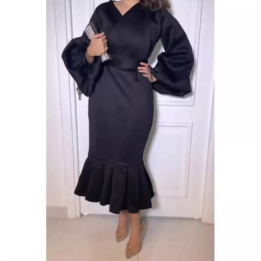women's spring  new arrivals: european and american fashion plus size v-neck long sleeve sexy mermaid dress - export quality