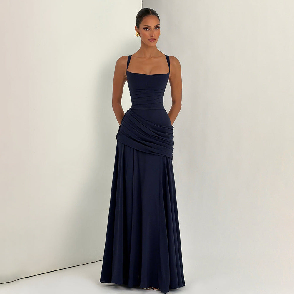 European and american style women's spring  new arrival: elegant solid color low-cut ruched camisole dress with cinched waist and open back - wholesale