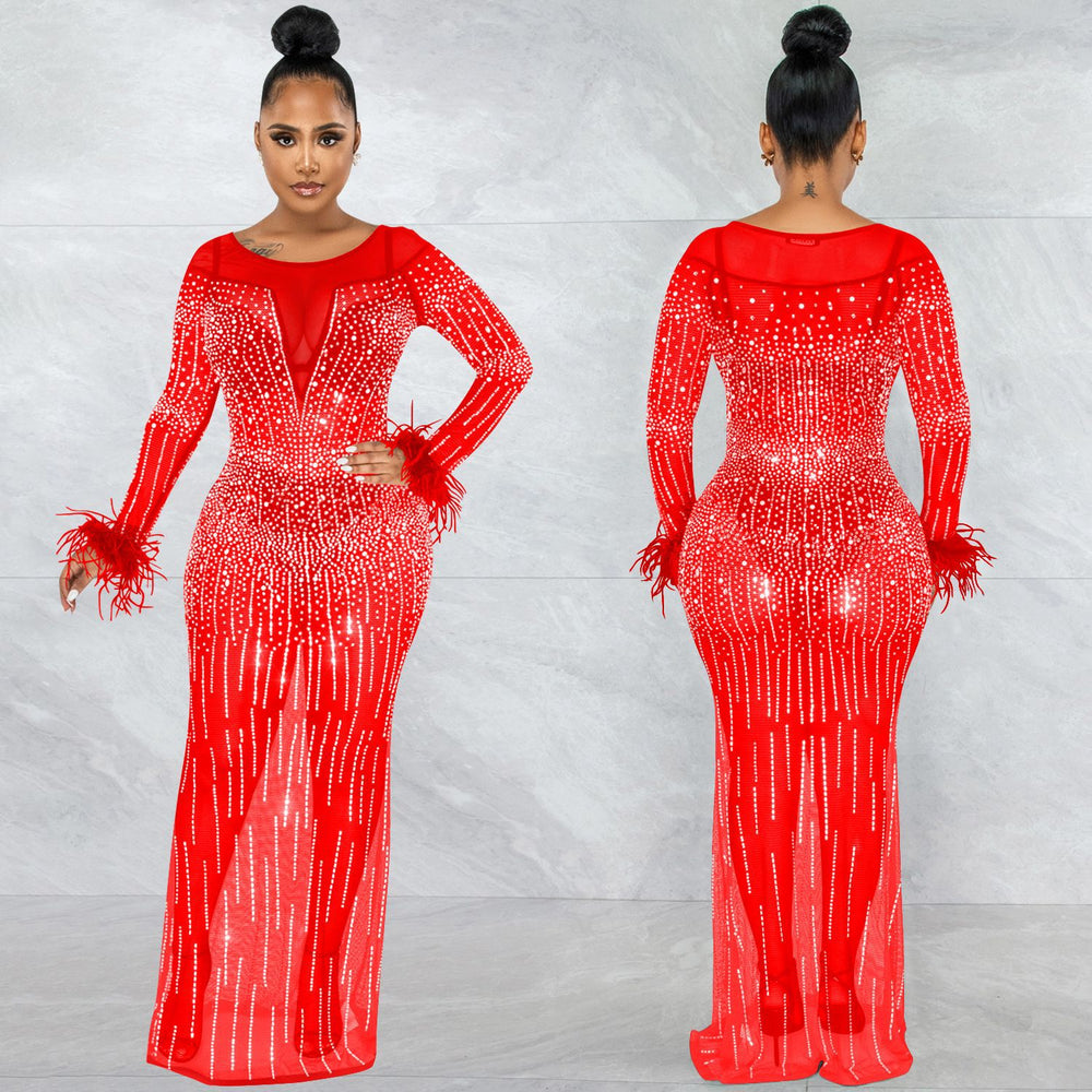 X5605   fashion nightclub party rhinestone women's mesh see-through long sleeve maxi dress
