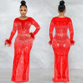 X5605   fashion nightclub party rhinestone women's mesh see-through long sleeve maxi dress