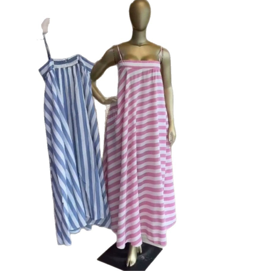 European and american cross-border women's clothing:  summer new collection - sweet & fresh bandeau striped loose long slip dress