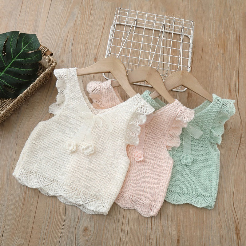 Spring/summer new girls' tank top with handmade floral bow, sweet knitted vest, girls' spring/summer outfit set