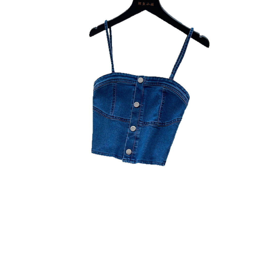 French denim suspender playful age-reducing two-piece set women's summer single-breasted silmslimming lookelegantsuit slit skirt