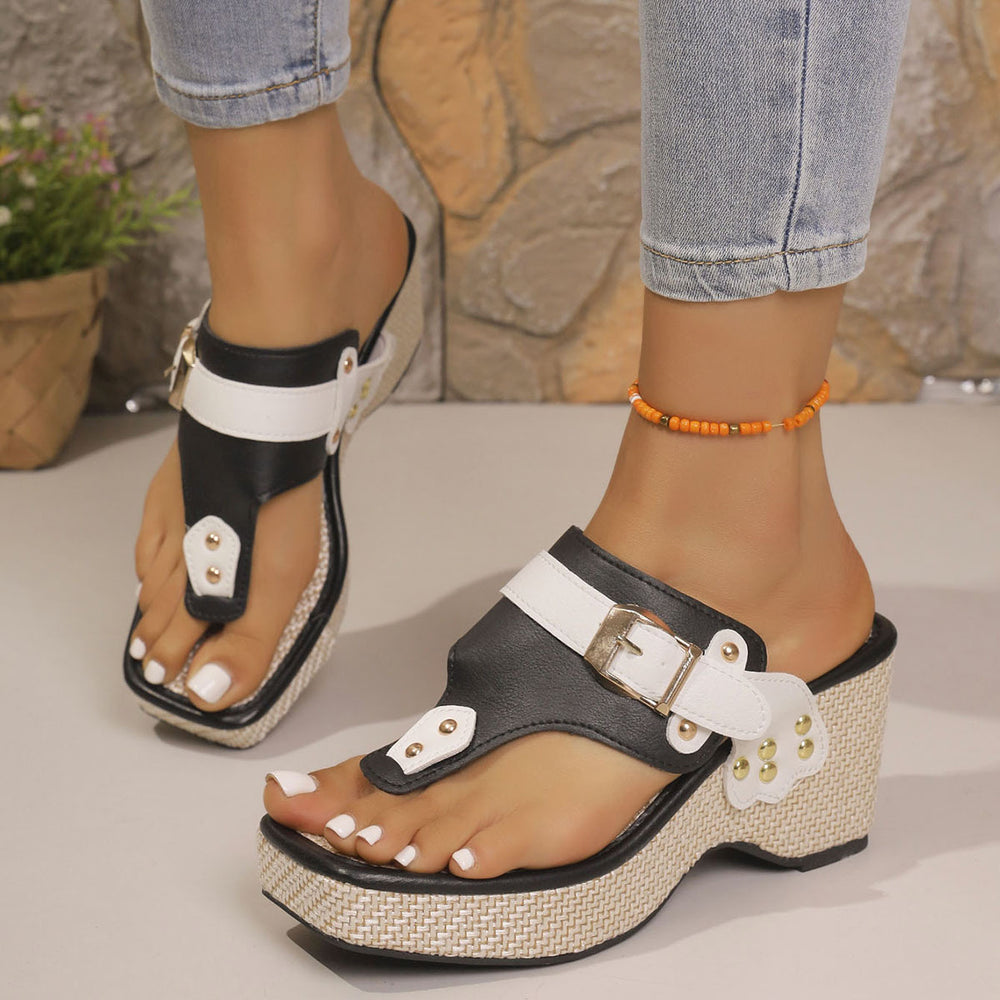 Wholesale women's plus size chunky heel rivet belt buckle slippers - new  square toe sandals for cross-border e-commerce