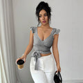Summerfrenchstripesshorttopsv neck flying sleeves cross wrap side bowsilm navel-baring vest