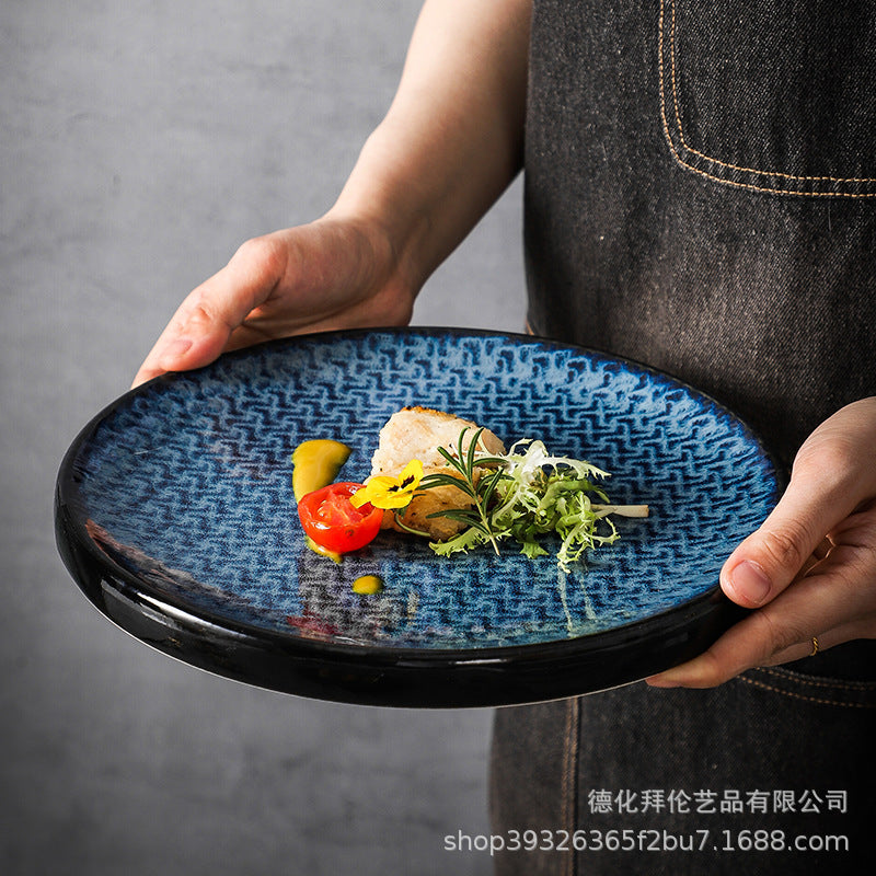 Kiln-turned-blue, high-value western-style dessert stylish plate, retro texture ceramic steak plate, round plate, restaurant and hotel