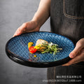 Kiln-turned-blue, high-value western-style dessert stylish plate, retro texture ceramic steak plate, round plate, restaurant and hotel
