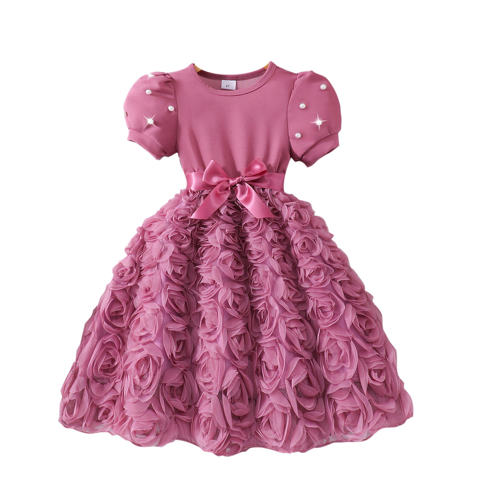 Girls' dress for toddlers and young children, pearl-embellished short-sleeve rose dress