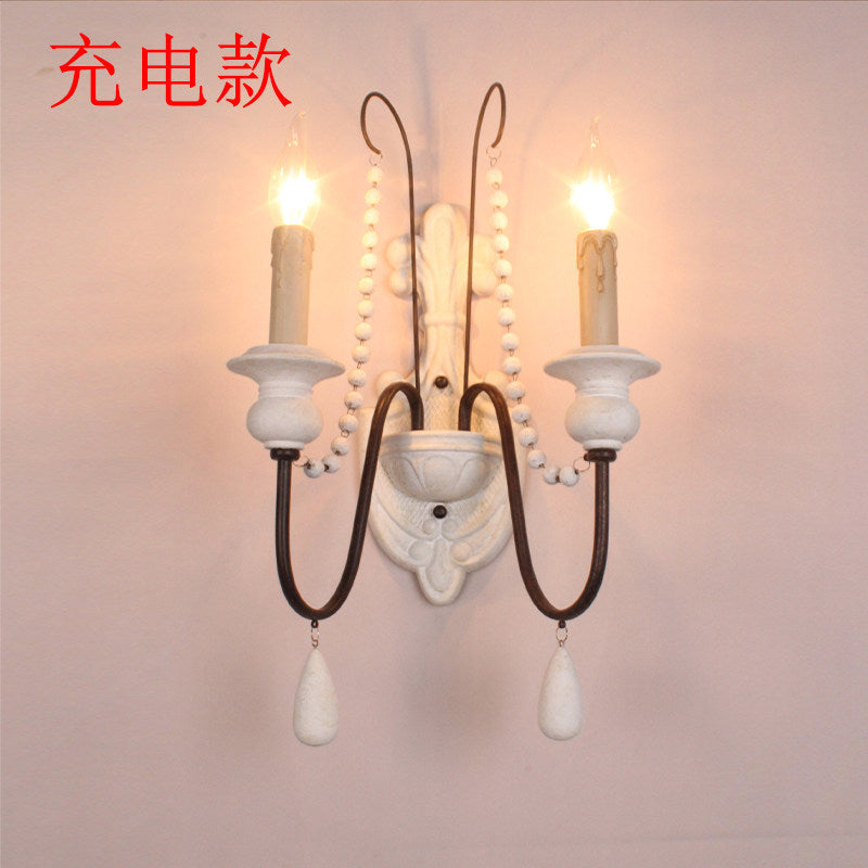 American retro wall lamp - cordless charging, solid wood, french style for living room, bedroom, bedside, hallway, stairway, candle wall sconce