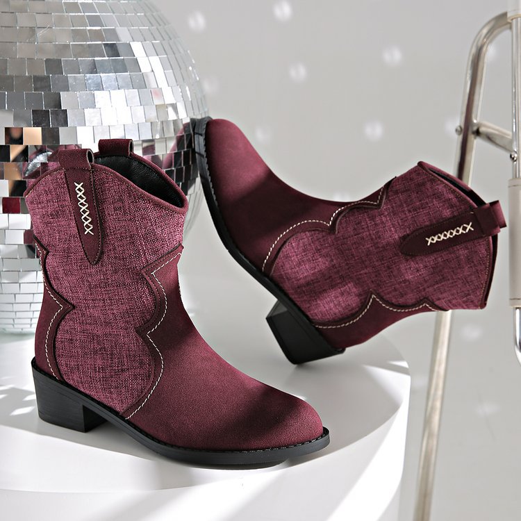 plus size square heel pointed toe denim short boots for women fall and winterfashion suede slip-on knight boots retro style