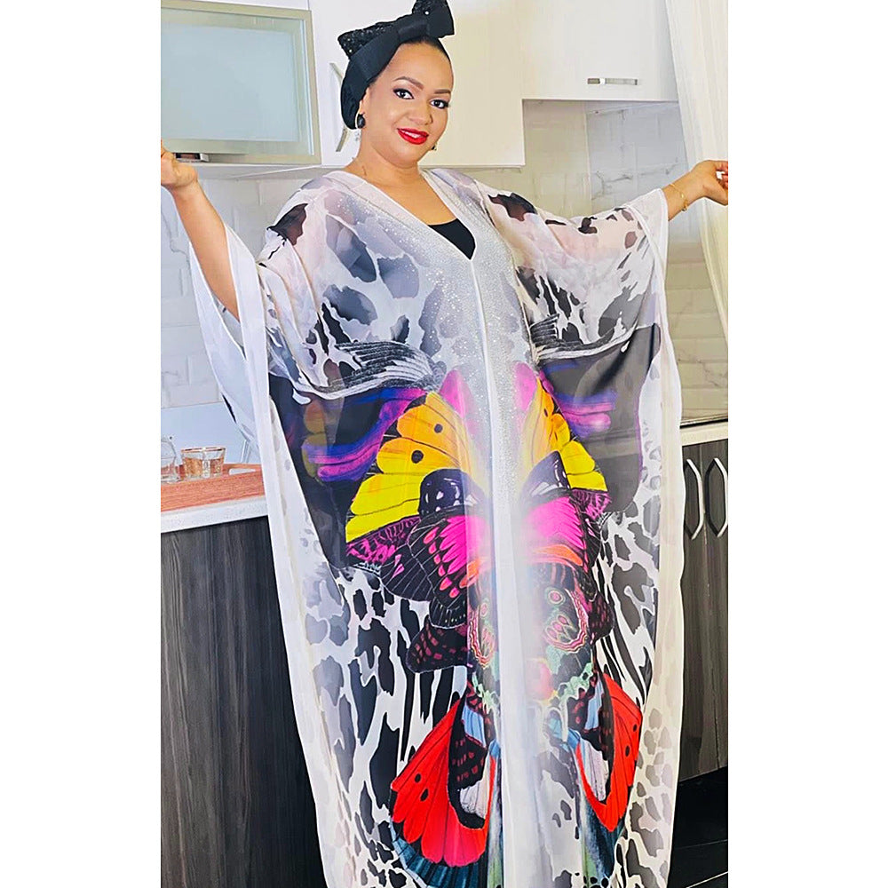 African women's plus size printed holiday beach dress loose sun protection robe  chiffon dress two-piece set