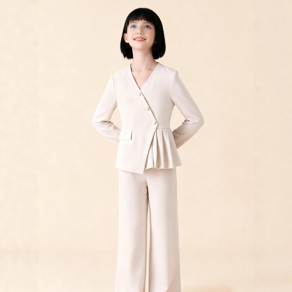 Girls' white suit set - spring/autumn new arrival: stylish and chic children's blazer and wide-leg pants two-piece outfit