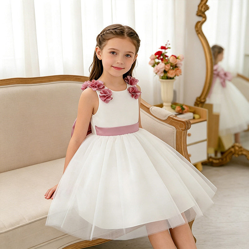 Baby girl dress white flower girl dress first birthday princess dress summer children's day performance host bowknot