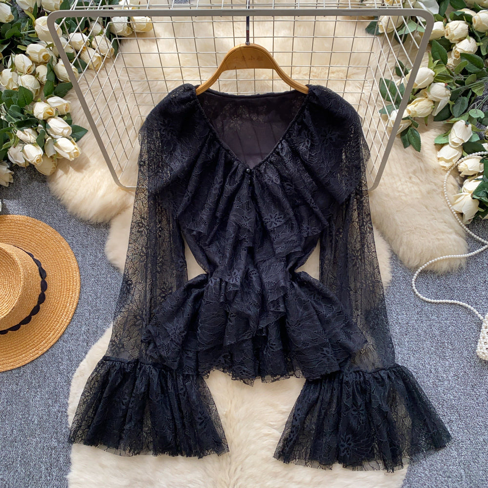 French romantic lace ruffle v-neck flared sleeve top - chic and slimming, autumn  collection
