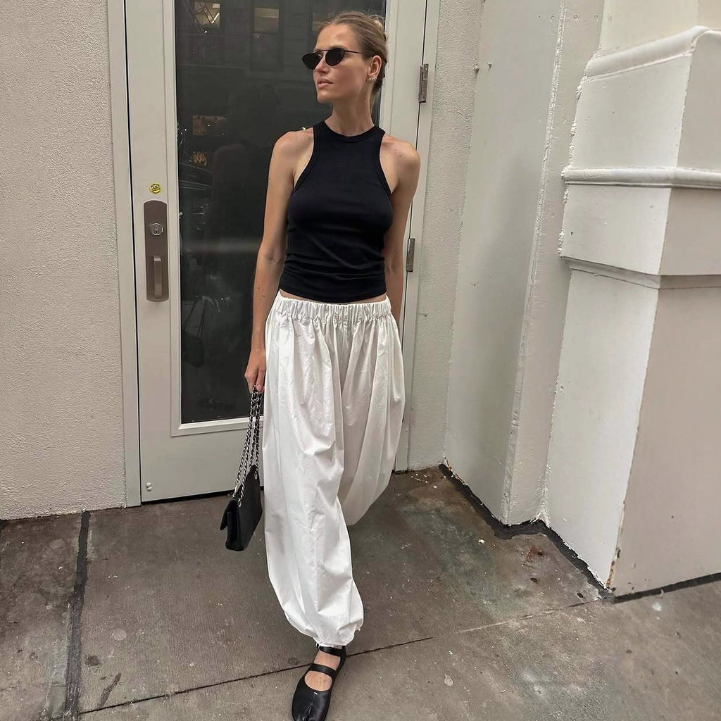 2025 autumn new street white bud casual trousers women's  European and American thin high-waisted yoga balloon trousers