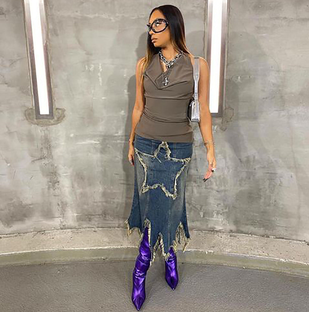 European and american cross-border women's fashion:  &  streetwear casual appliqué high-waisted tassel washed denim midi skirt