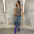 European and american cross-border women's fashion:  &  streetwear casual appliqué high-waisted tassel washed denim midi skirt