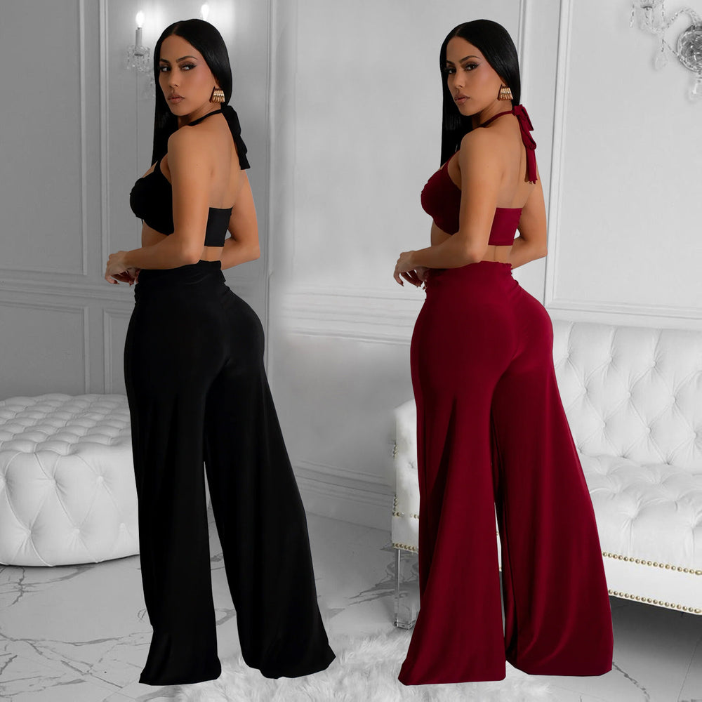 C7236 cross-border   fashion women's solid color sexy bandeau top and pants two-piece set - new arrival