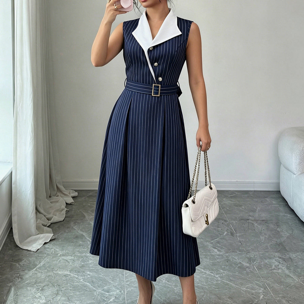 cross-border fashion women's work dress - navy pinstripe v-neck blouse dress with belted waist for a slimming silhouette