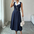 cross-border fashion women's work dress - navy pinstripe v-neck blouse dress with belted waist for a slimming silhouette