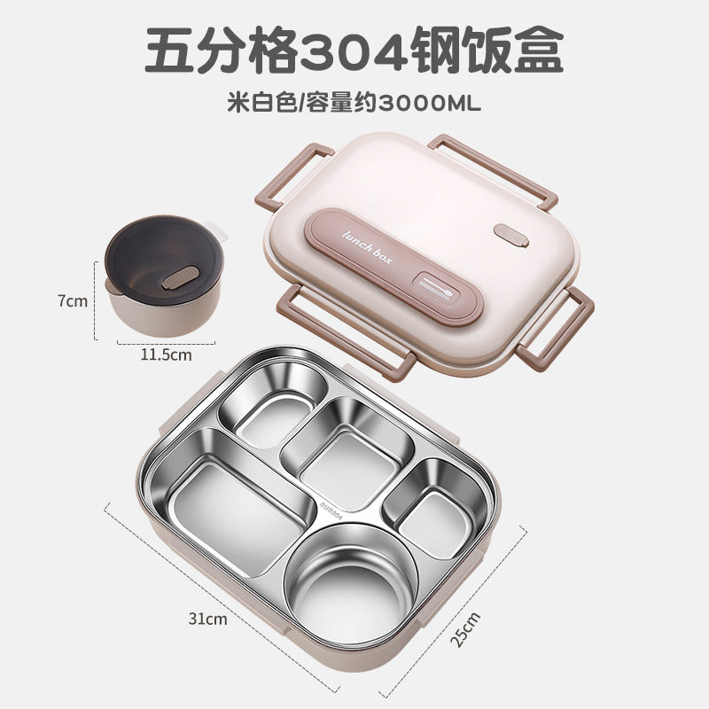 304 stainless steel lunch box office workers portable with rice box canteen with lid with tableware soup bowl grid lunch box