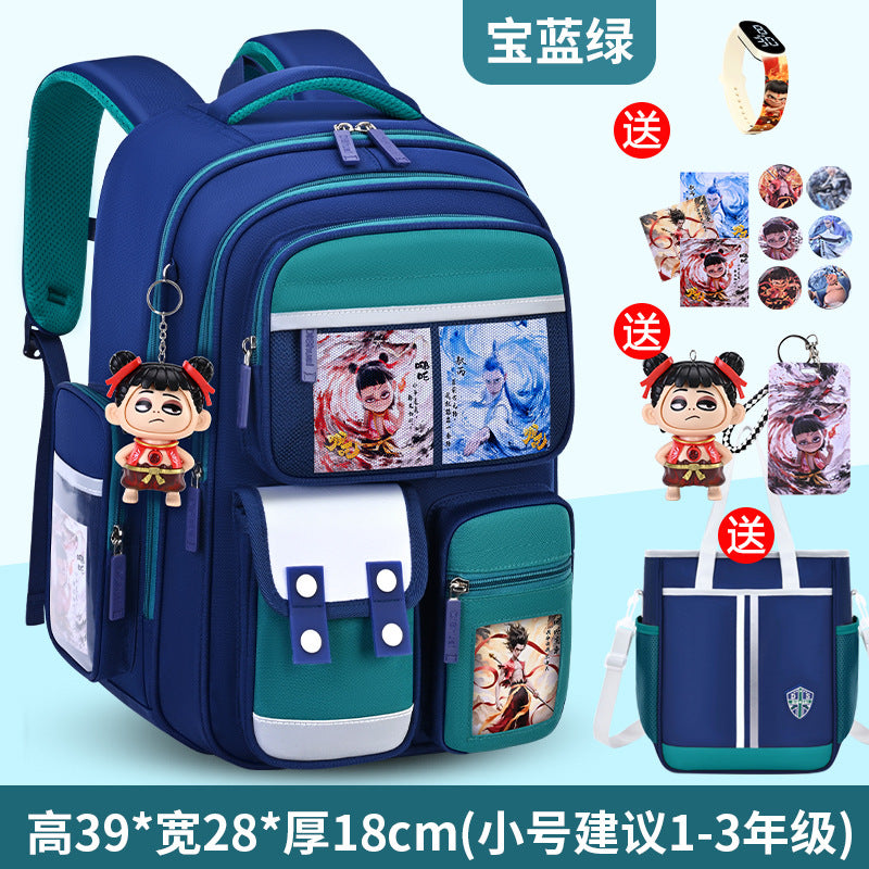 New nezha backpack for boys and girls, grades 1-6: spine protection, lightweight design, and extra-large capacity