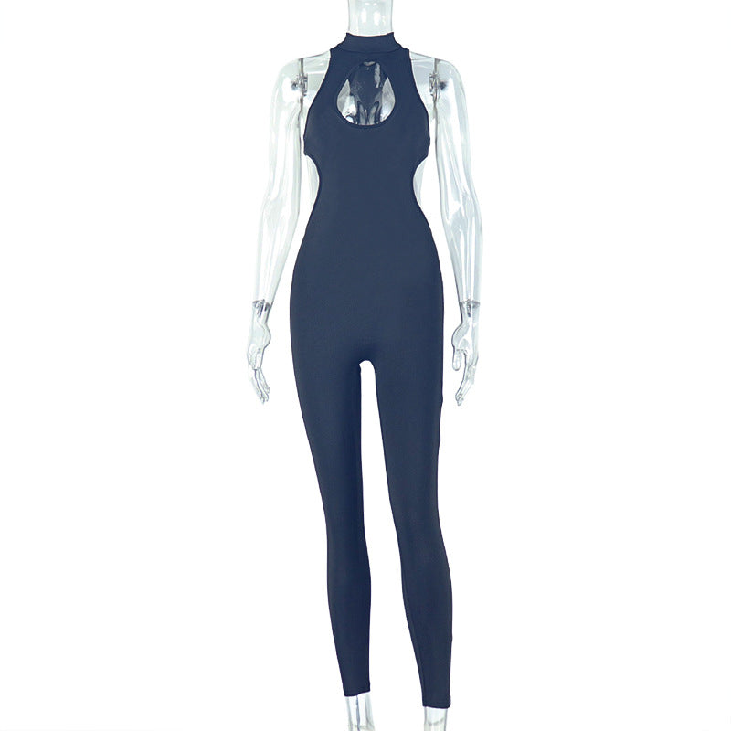European and american style cross-border casual activewear women's workwear cutout bodycon solid color jumpsuit backless low-rise long romper