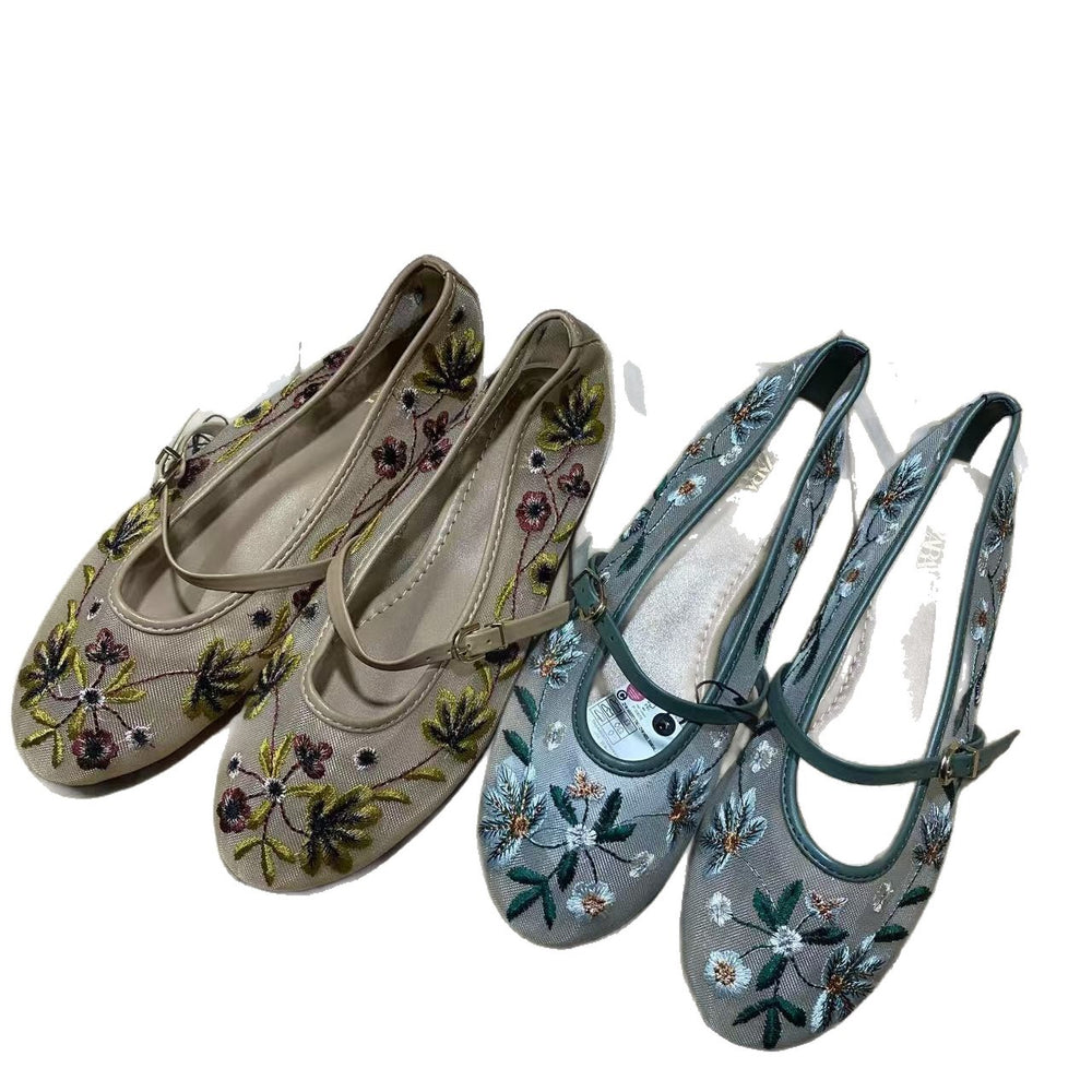 Za spain 2024 autumn new women's shoes round toe mesh sand green floral embroidery mesh ballet flats