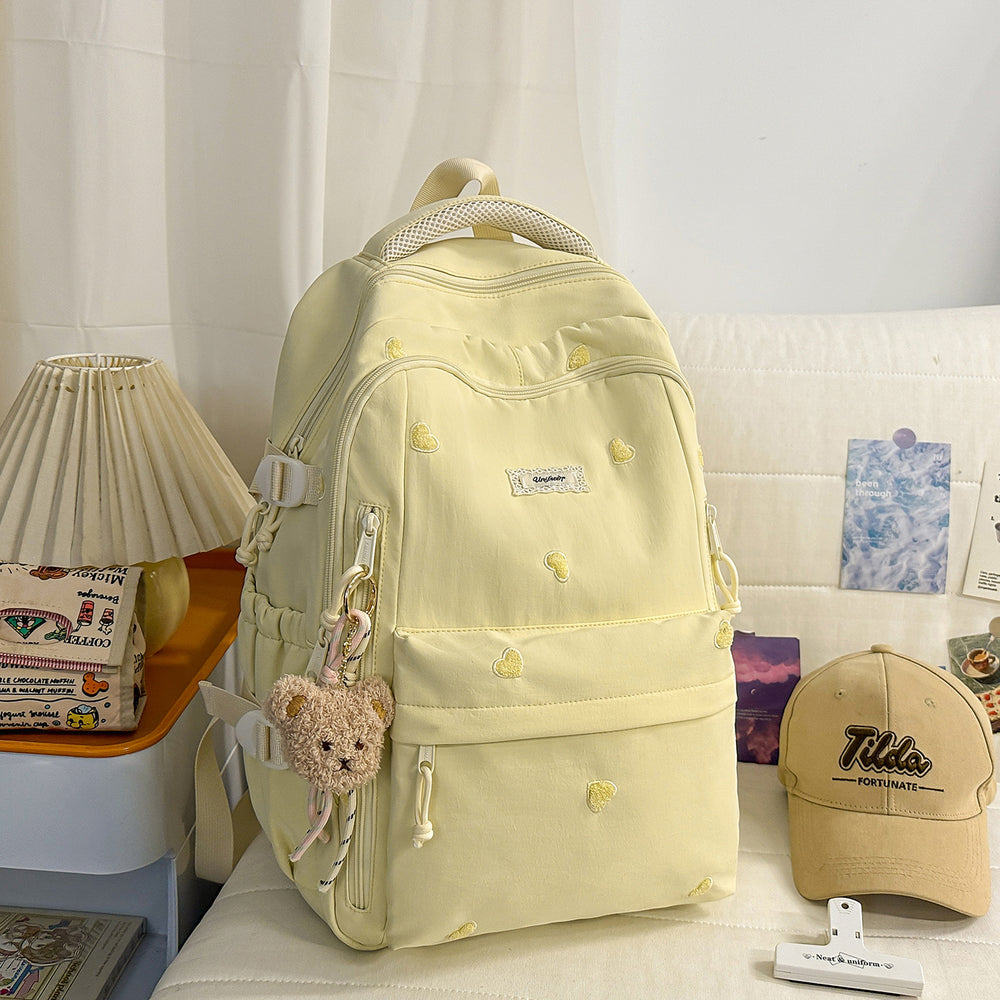 Heart embroiderypure color backpackcute style junior high school and college student backpack macaron color large capacity school bag