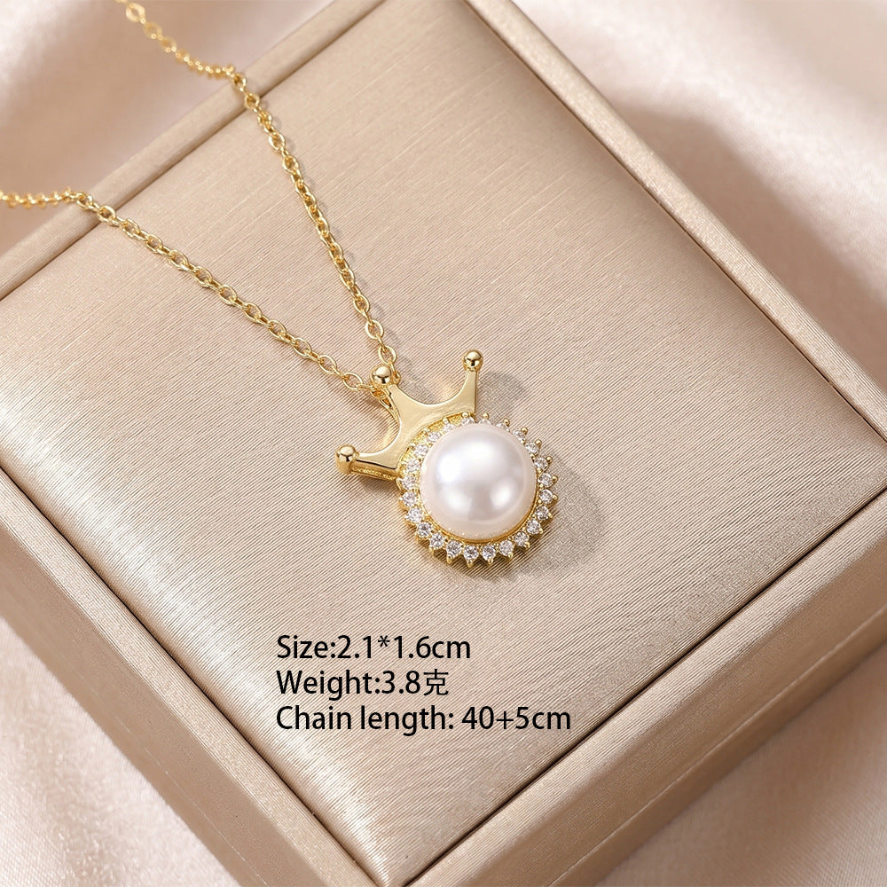 European and american hot-selling fashion zircon pearl necklace for women, lightweight luxury, niche, versatile, elegant, fashionable titanium steel clavicle chain jewelry