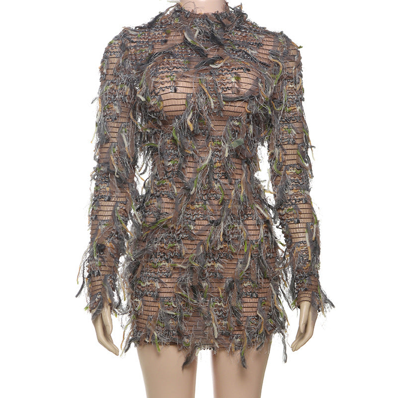 European and American  2024 new autumn women's clothing sweet and fresh long-sleeved semi-turtleneck color fringed slim dress