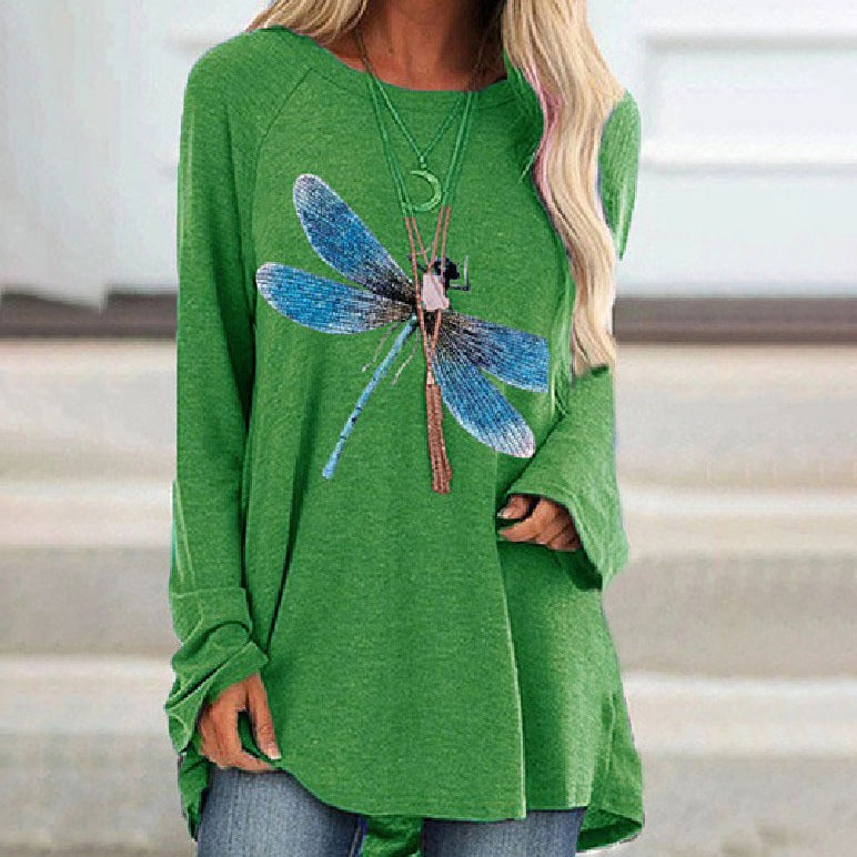 2025 amazon wish european and american new women's long-sleeve crew neck dragonfly print plus size t-shirt - casual and versatile