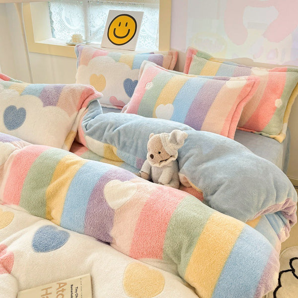Winter milk fleece four-piece wholesale cartoon coral fleece quilt cover fleece bed three-piece flannel sheets