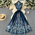 European and american style high-end elegant dress with flutter sleeves, cinched waist, v-neck, single-breasted button detail, and printed design - vintage long dress