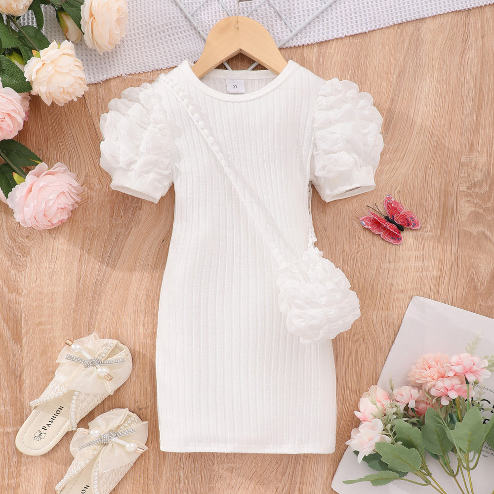 Kids' lightweight bubble sleeve short-sleeve crew neck solid color dress with bubble detail