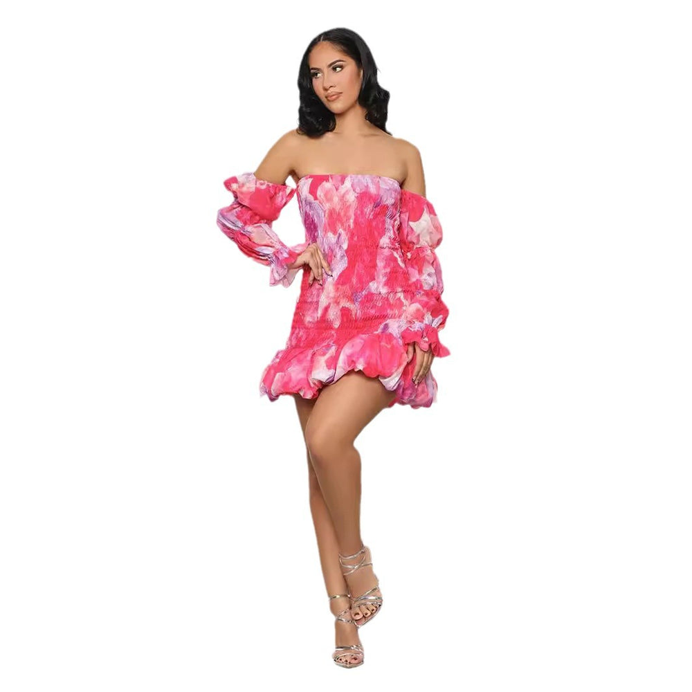 summer new arrival: ins european and american style sexy bodycon puff sleeve off-the-shoulder printed long sleeve mini dress