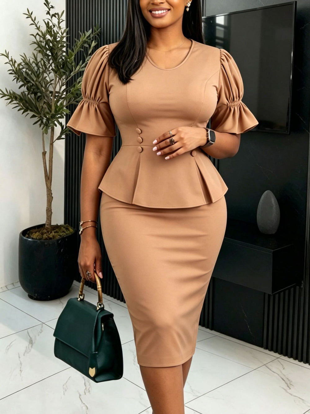 summer new arrival: khaki short-sleeve a-line dress with ruffle trim and decorative buttons - slim-fit, bodycon, and perfect for work